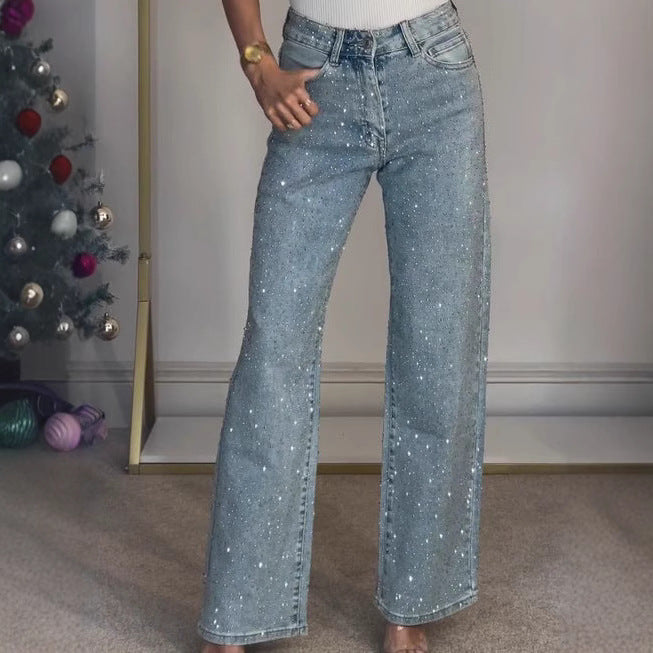 EVO | Damskie jeansy wide leg z detalami z cyrkonii